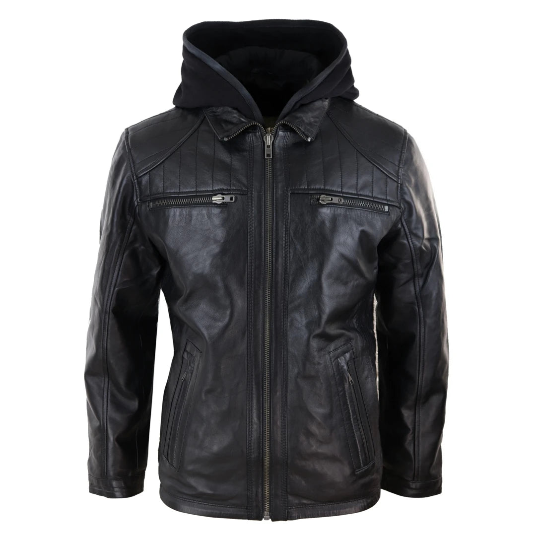 Men's comfortable field jacket-Men's Black Hoodie Leather Jacket Removable Hood Zip Napa